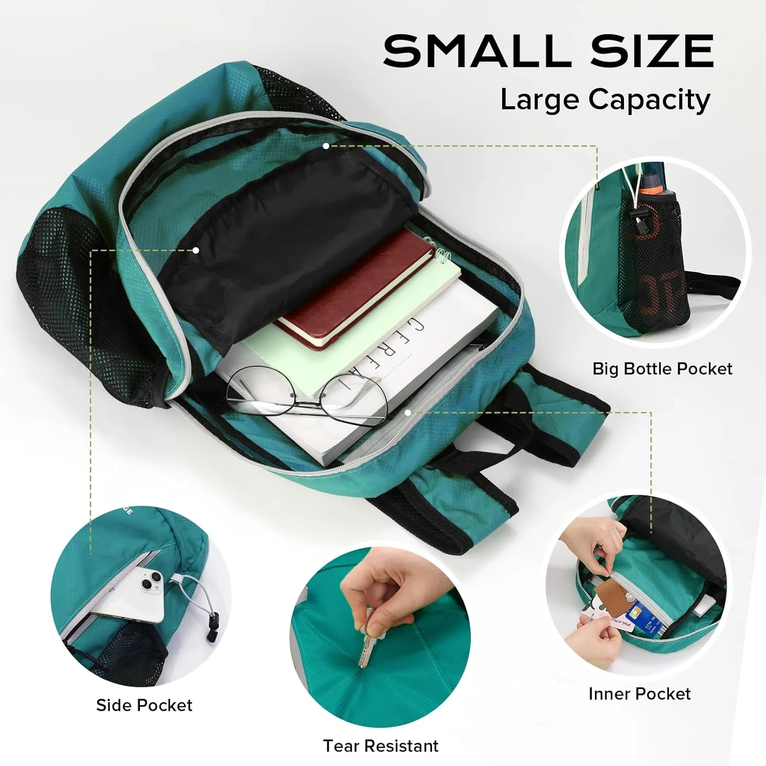 15L Water-resistant Hiking Daypack, Small Backpack Travel Outdoor, Lightweight Day Pack with Tool Loops