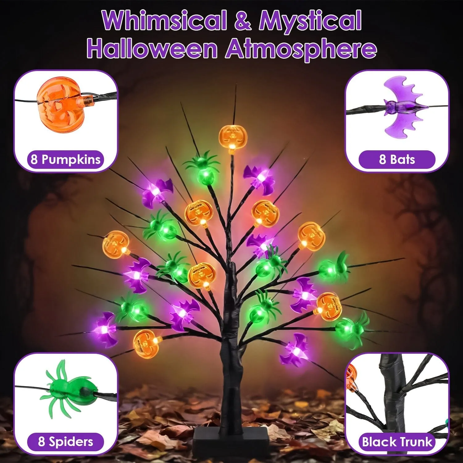 2-Pack: Lighted Halloween Trees with Timer and Adjustable Twigs