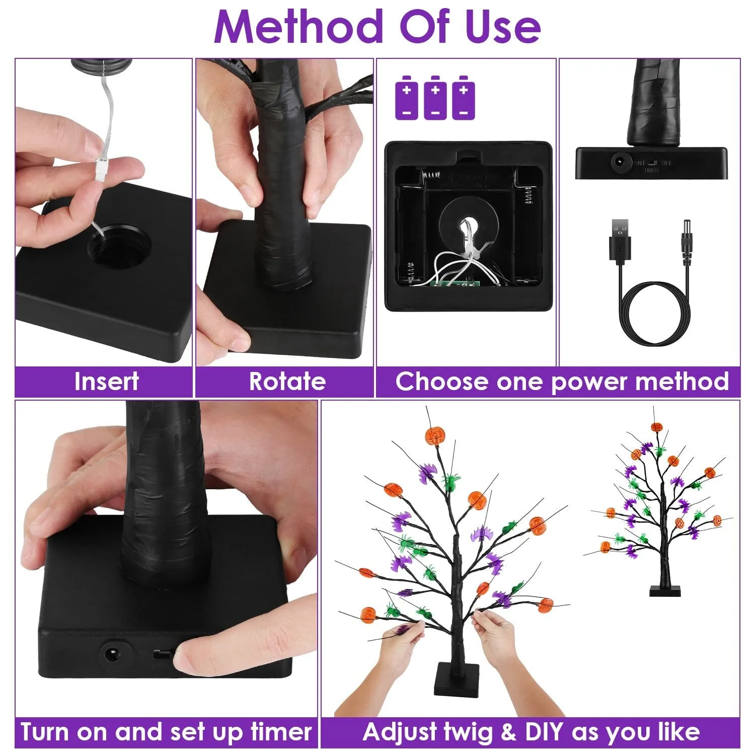 2-Pack: Lighted Halloween Trees with Timer and Adjustable Twigs