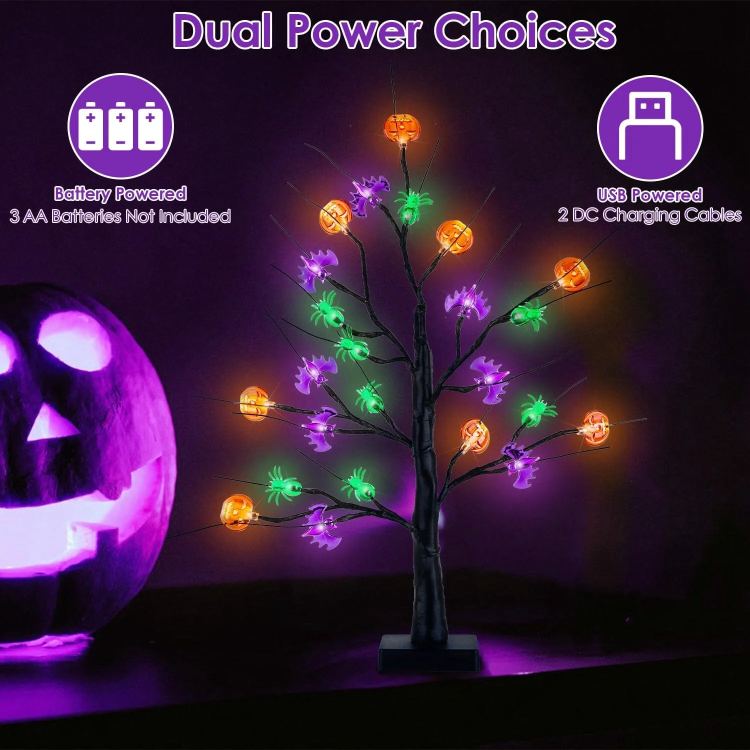 2-Pack: Lighted Halloween Trees with Timer and Adjustable Twigs