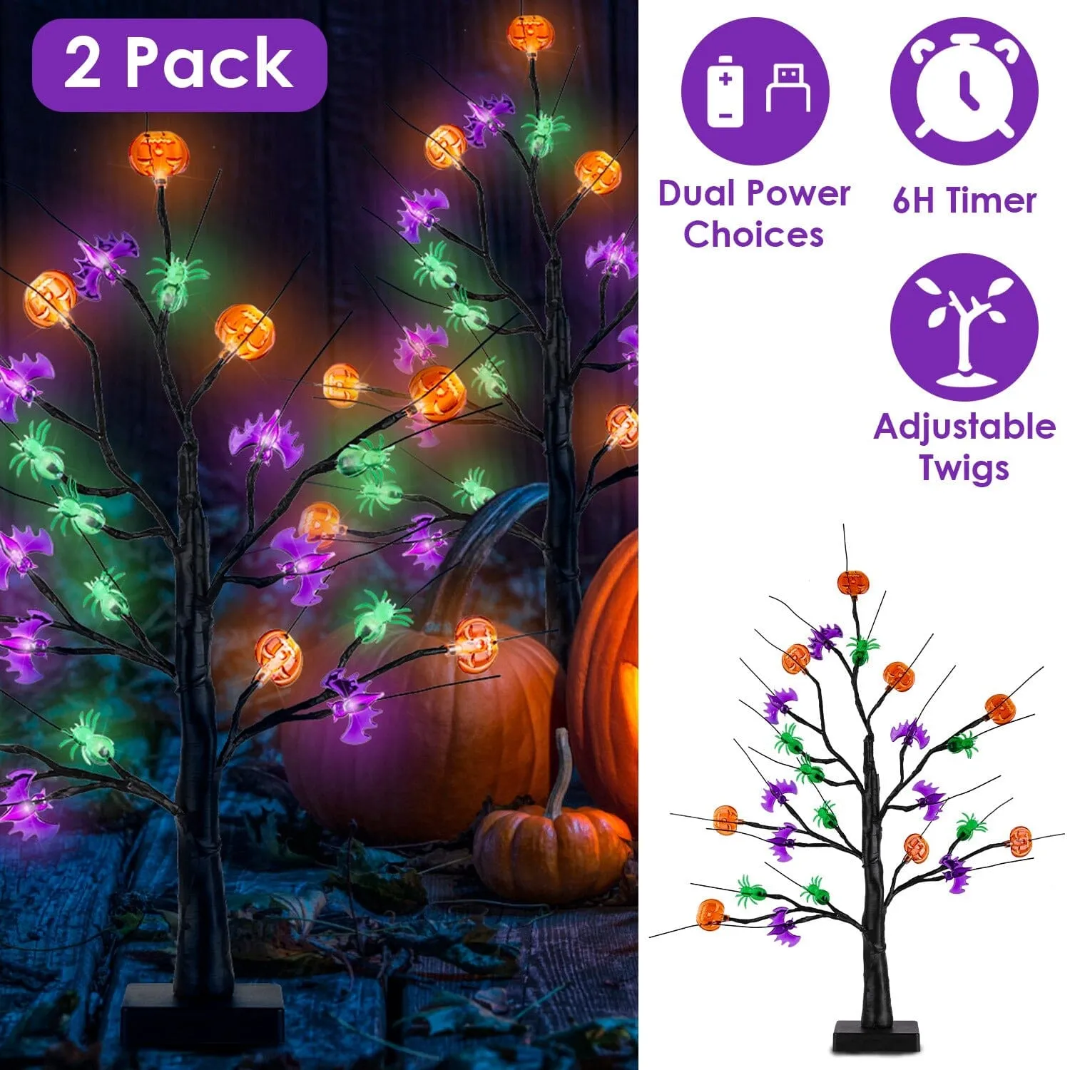 2-Pack: Lighted Halloween Trees with Timer and Adjustable Twigs
