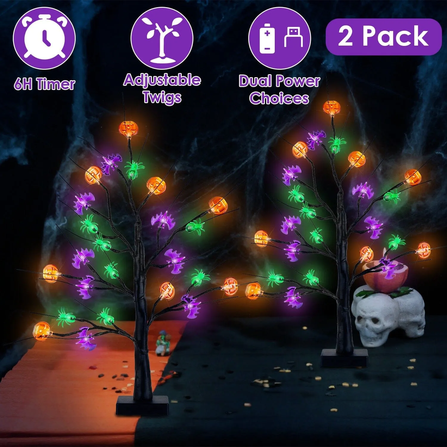 2-Pack: Lighted Halloween Trees with Timer and Adjustable Twigs