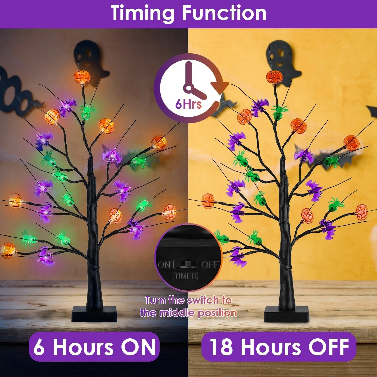 2-Pack: Lighted Halloween Trees with Timer and Adjustable Twigs