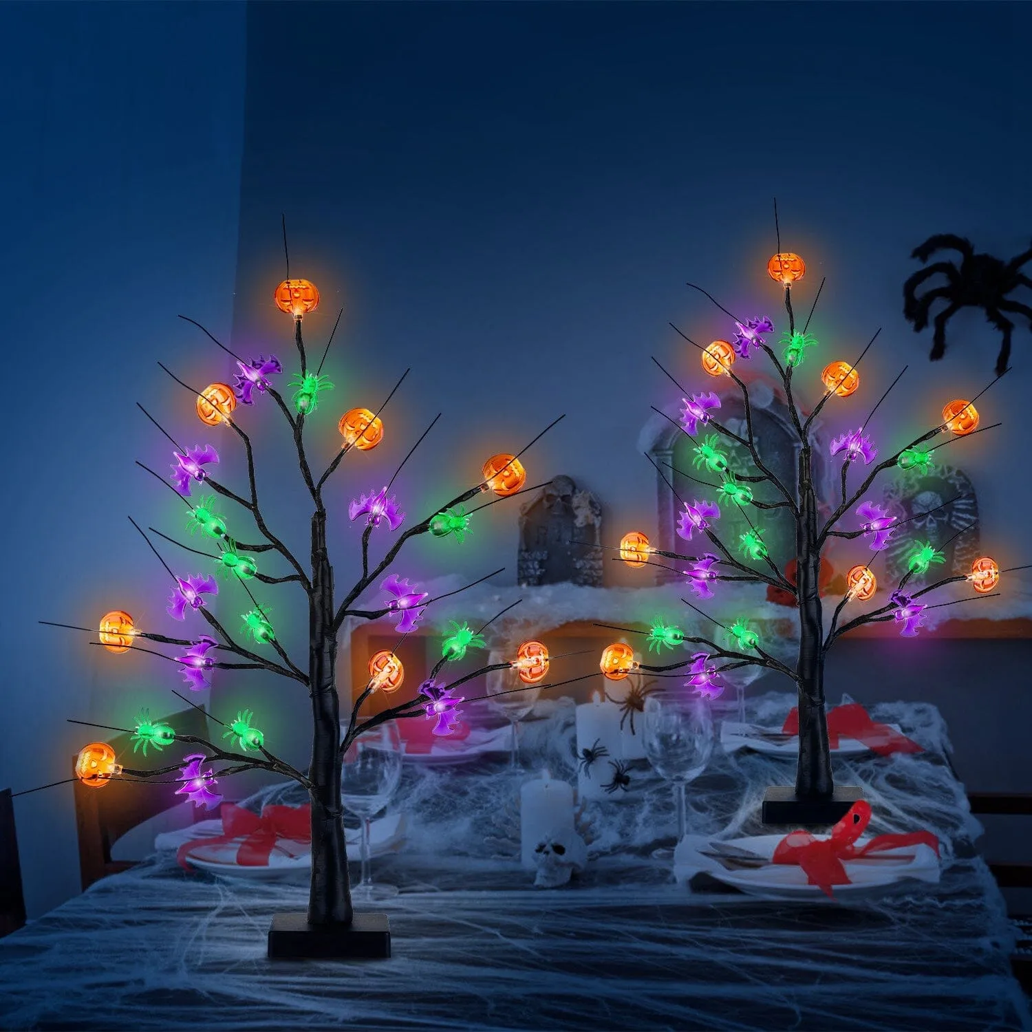 2-Pack: Lighted Halloween Trees with Timer and Adjustable Twigs