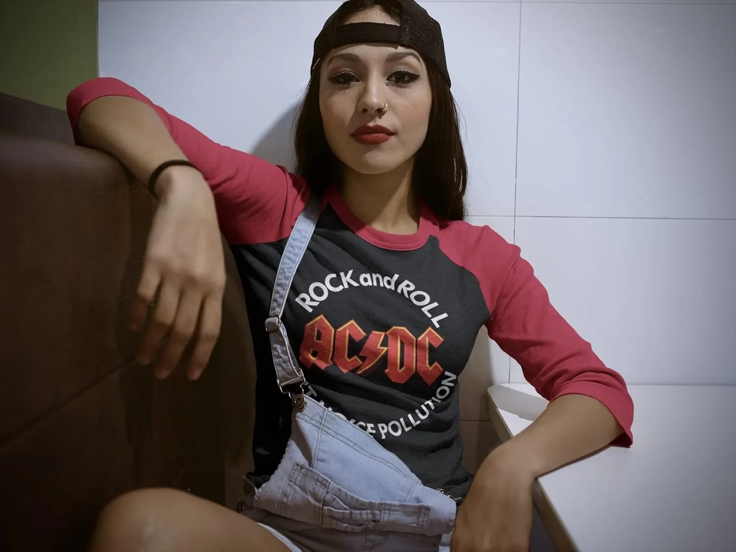 ACDC Vintage Rock Band Rock and Roll Ain't Noise Pollution Image Adult 3/4 Sleeve Raglan Shirt Graphic Tee