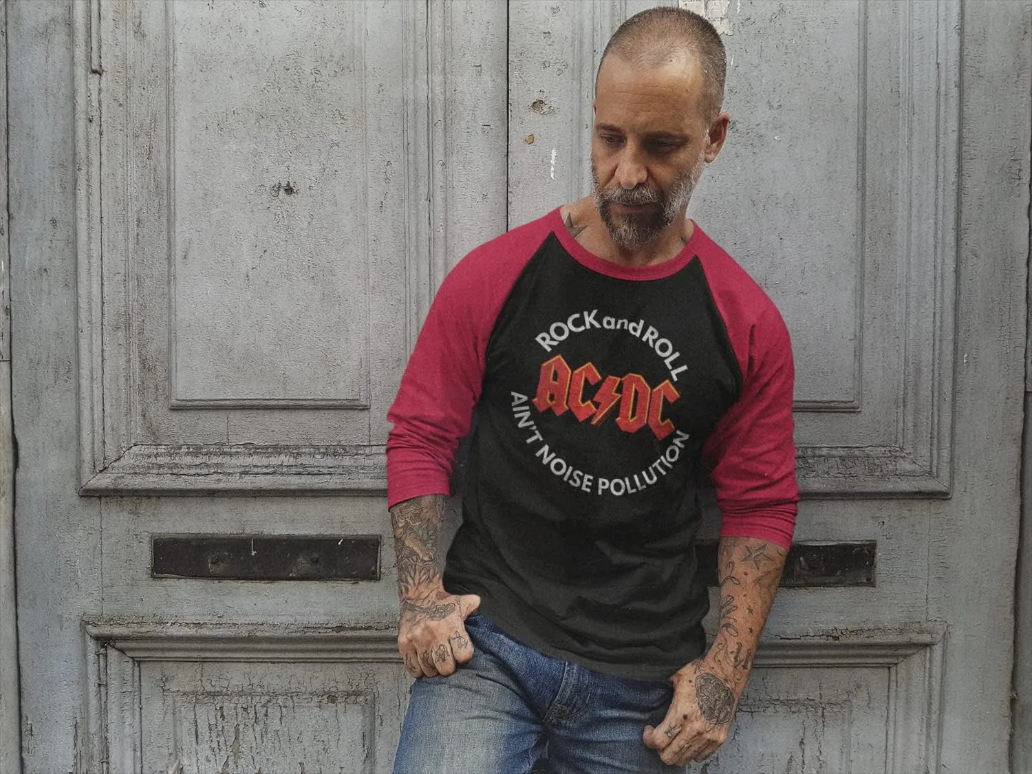 ACDC Vintage Rock Band Rock and Roll Ain't Noise Pollution Image Adult 3/4 Sleeve Raglan Shirt Graphic Tee