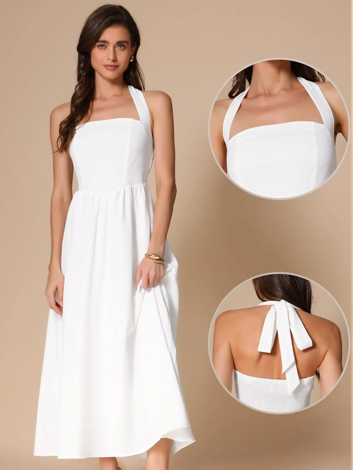 Allegra K Maxi Dress for Women's Tie Back Halter Square Neck Sleeveless A-Line Flowy Casual Long Dress
