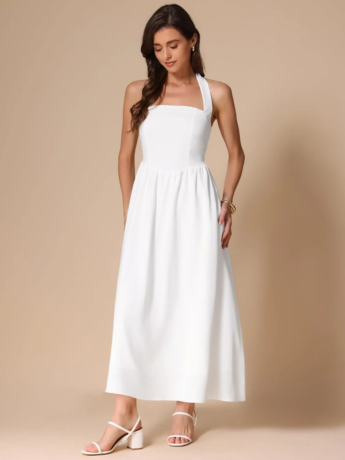 Allegra K Maxi Dress for Women's Tie Back Halter Square Neck Sleeveless A-Line Flowy Casual Long Dress