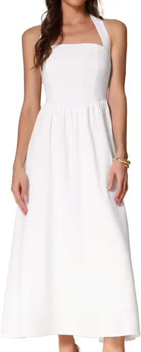 Allegra K Maxi Dress for Women's Tie Back Halter Square Neck Sleeveless A-Line Flowy Casual Long Dress