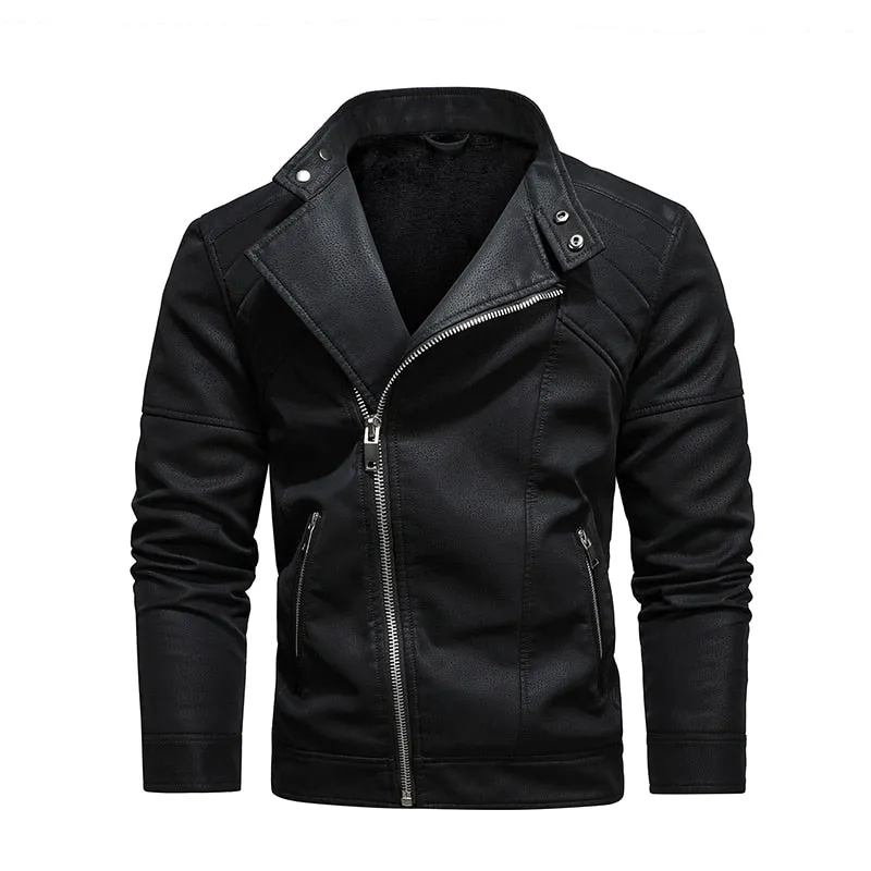 Angelo Ricci™ Fleece Warm Diagonal Zipper PU Jacket