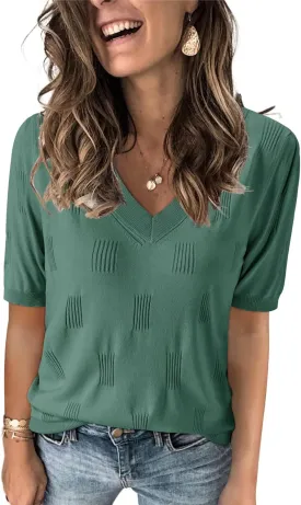 Arach&Cloz Women's Tops 2025 Spring Summer Short Sleeve Sweater Fashion Trendy Dressy Casual Outfit Versatile Knit Blouse