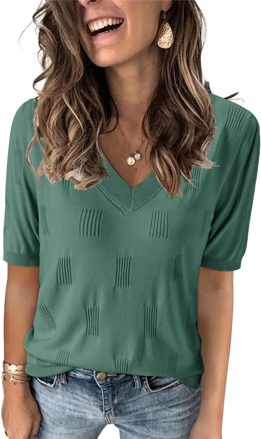 Arach&Cloz Women's Tops 2025 Spring Summer Short Sleeve Sweater Fashion Trendy Dressy Casual Outfit Versatile Knit Blouse