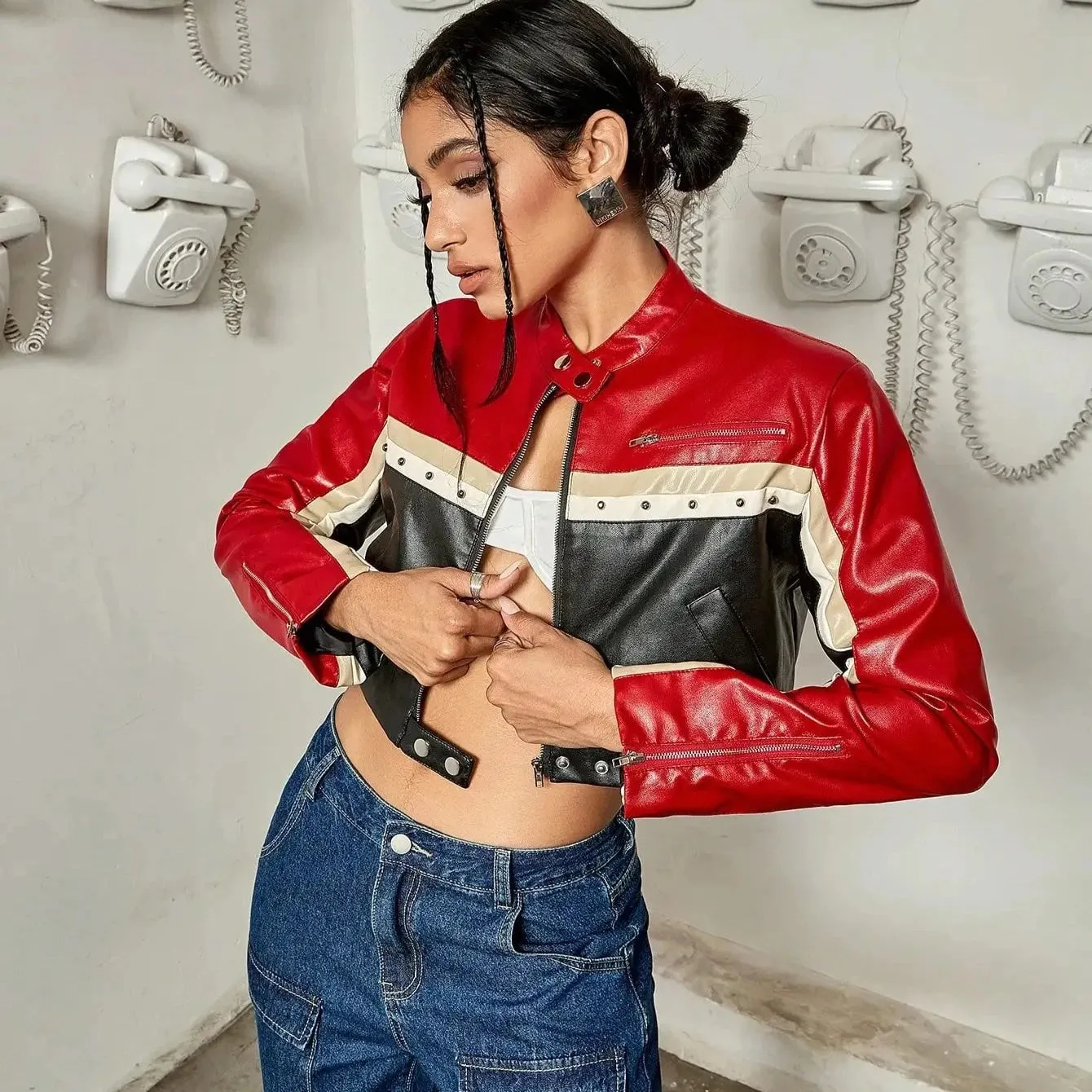 Ausha Colorblock Studded Half Racer Jacket