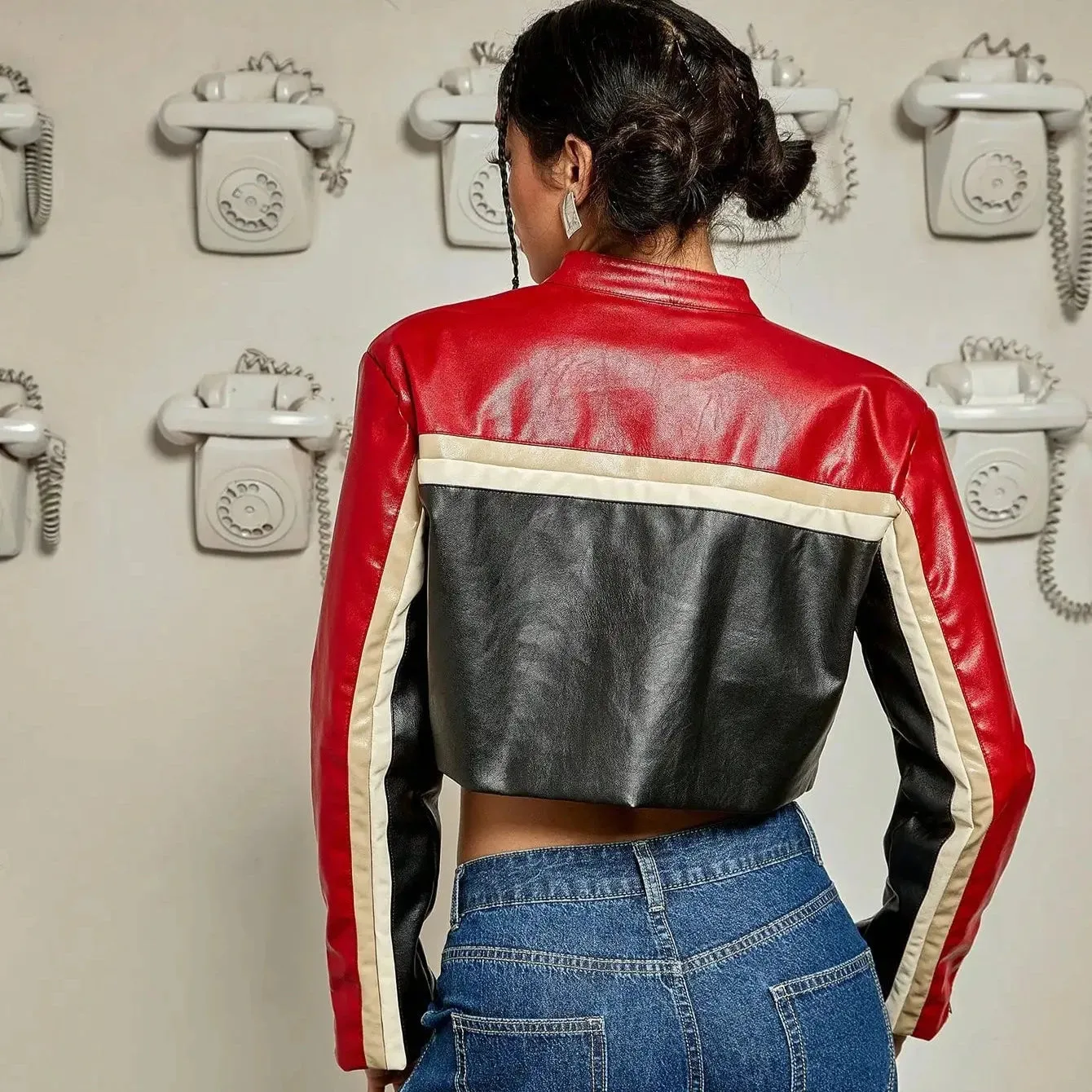 Ausha Colorblock Studded Half Racer Jacket