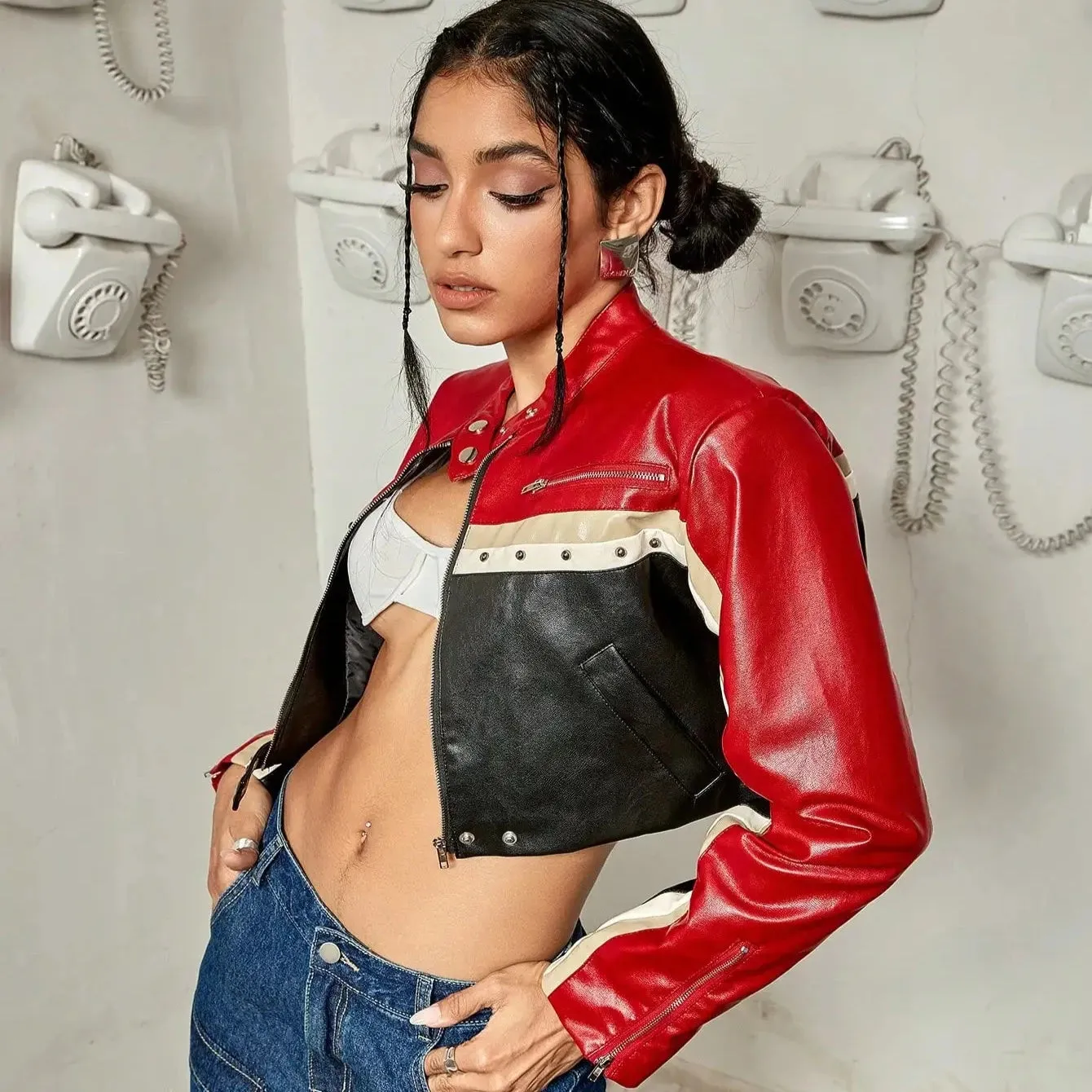 Ausha Colorblock Studded Half Racer Jacket