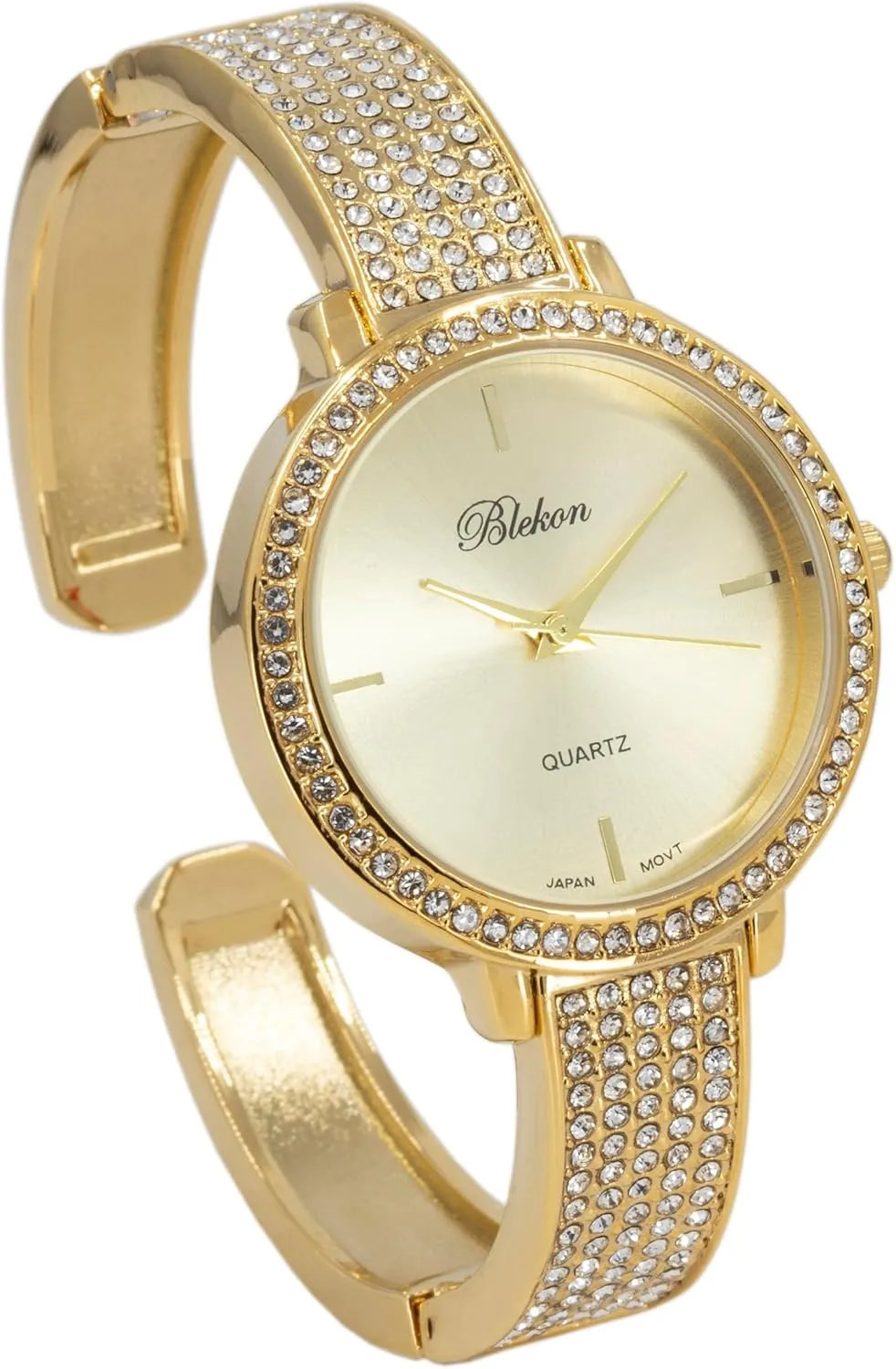 Blekon Collections Women's Fashion Watch - 32mm Rhinestone Bezel & Semi Cuff Bangle - A Stylish Timepiece Infused with Radiant Elegance, Perfect for Effortless Fashion and Glamorous Sophistication.