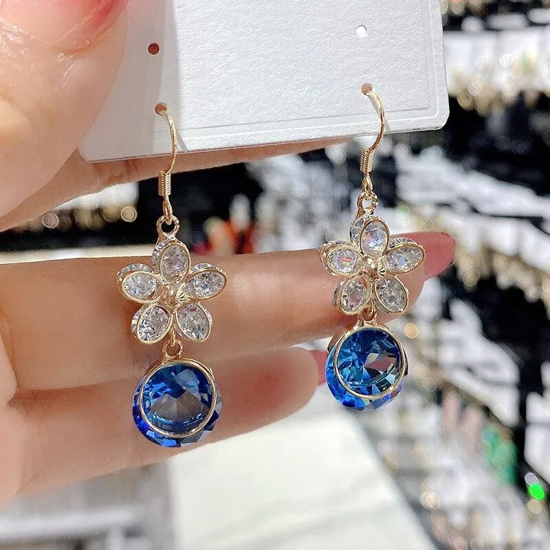 Blue Crystal Earrings With Shinning Zirconia Flowers New Pendientes Crystal Earrings