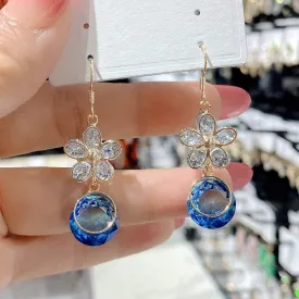 Blue Crystal Earrings With Shinning Zirconia Flowers New Pendientes Crystal Earrings