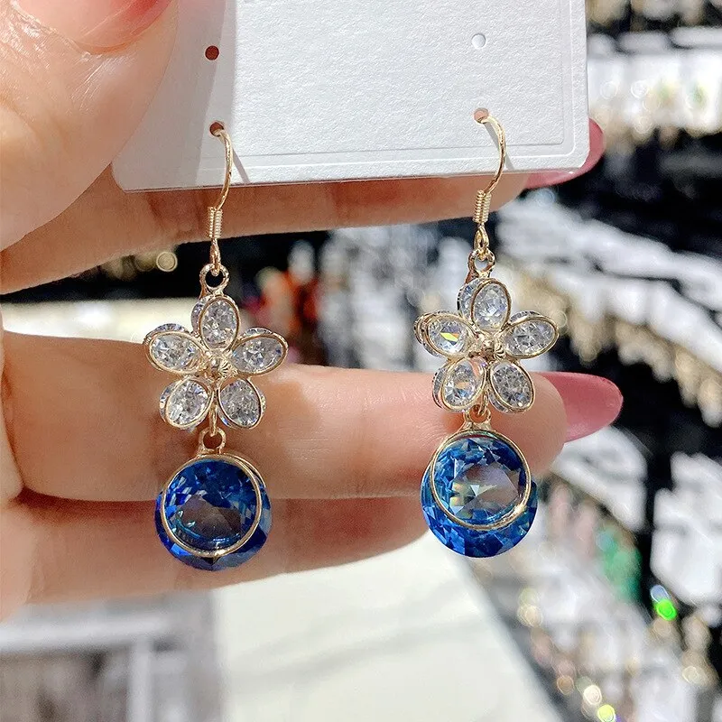 Blue Crystal Earrings With Shinning Zirconia Flowers New Pendientes Crystal Earrings