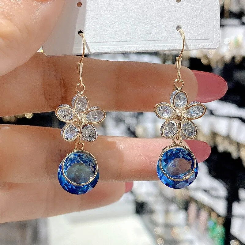 Blue Crystal Earrings With Shinning Zirconia Flowers New Pendientes Crystal Earrings