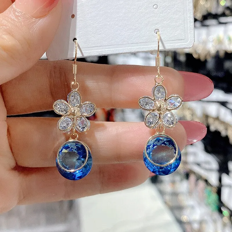 Blue Crystal Earrings With Shinning Zirconia Flowers New Pendientes Crystal Earrings