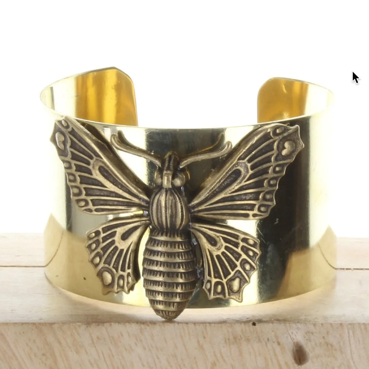 Butterfly Cuff Bracelet, Gift Box, 1.5" wide, brass gold,  HandMade in USA