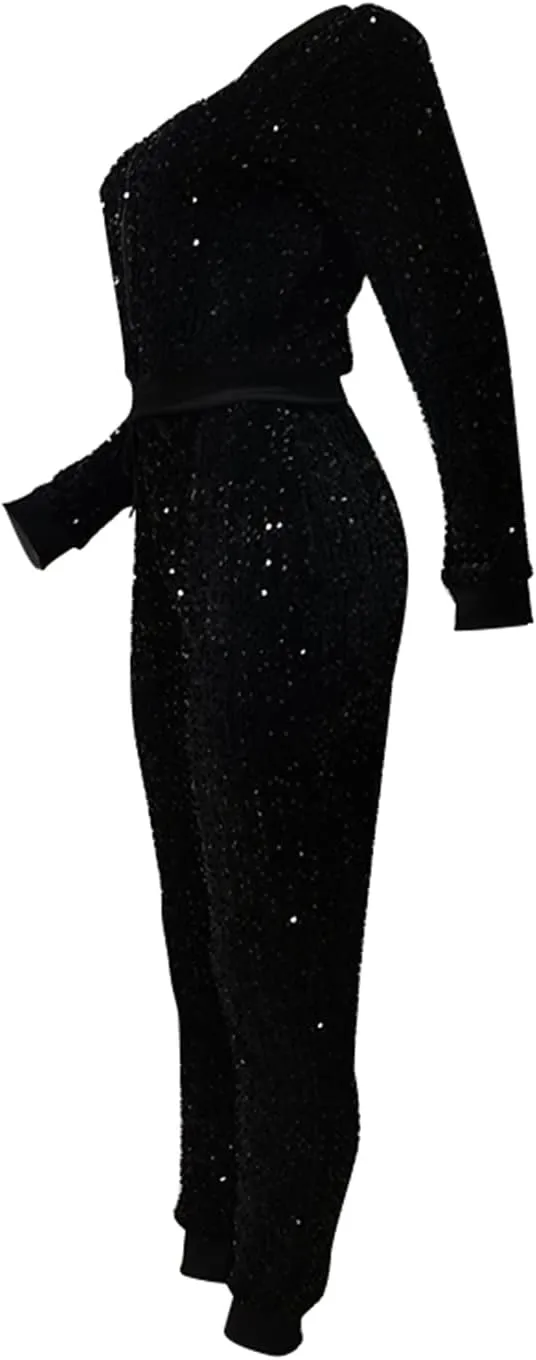 Chatinction Women's 2 Piece Outfits Sparkle Glitter Sequin Velour Zip Up Jacket and Elastic Waist Bodycon Pants Clubwear Set