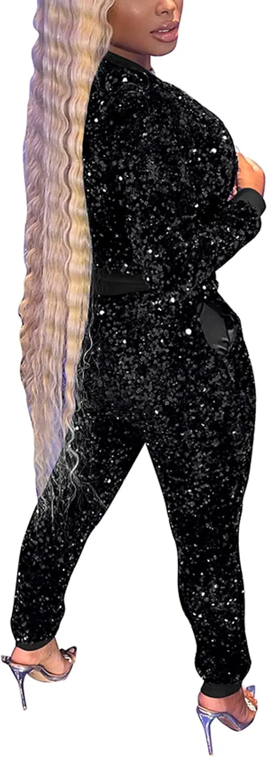 Chatinction Women's 2 Piece Outfits Sparkle Glitter Sequin Velour Zip Up Jacket and Elastic Waist Bodycon Pants Clubwear Set