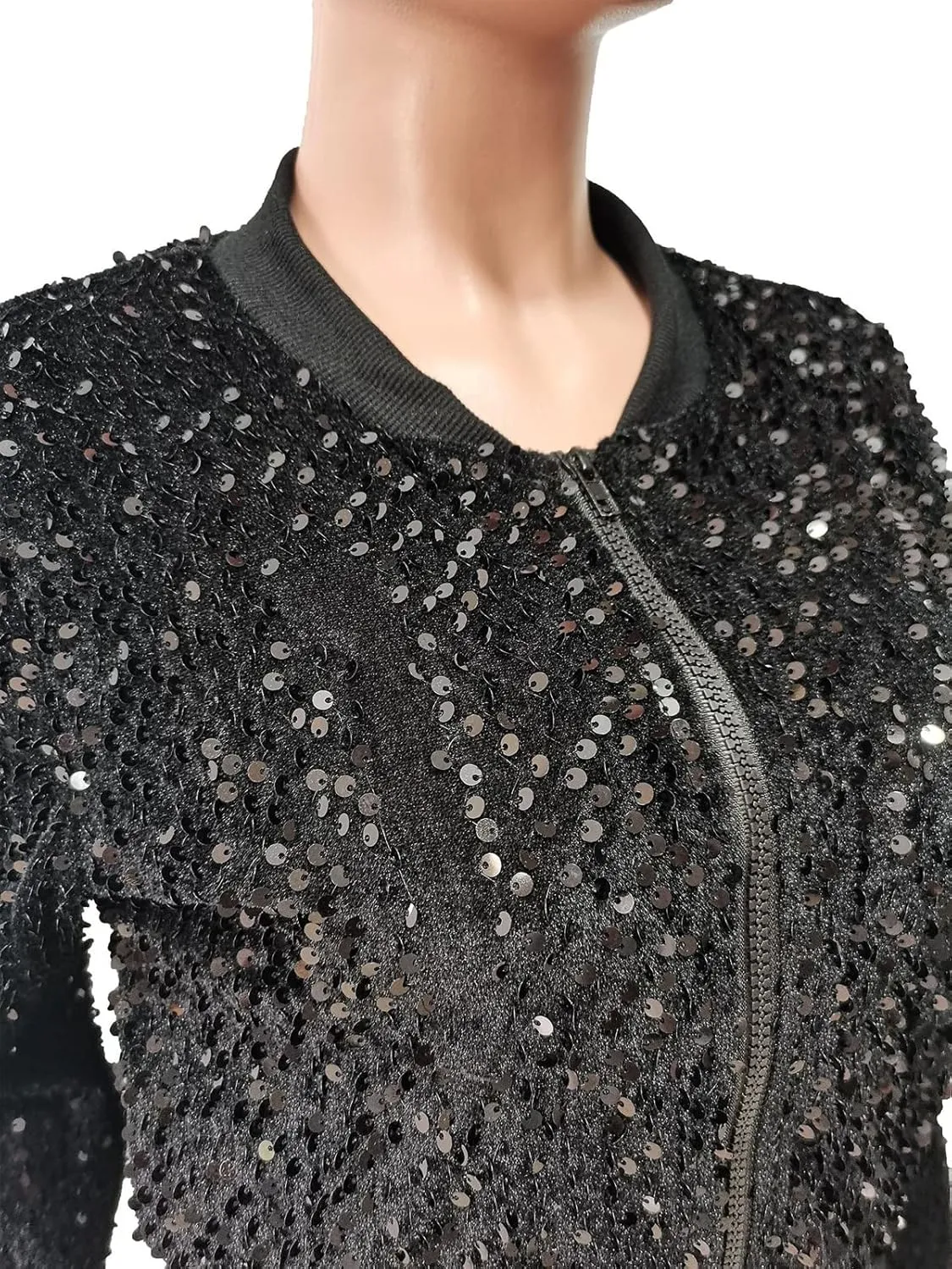 Chatinction Women's 2 Piece Outfits Sparkle Glitter Sequin Velour Zip Up Jacket and Elastic Waist Bodycon Pants Clubwear Set