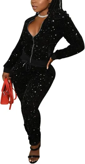 Chatinction Women's 2 Piece Outfits Sparkle Glitter Sequin Velour Zip Up Jacket and Elastic Waist Bodycon Pants Clubwear Set