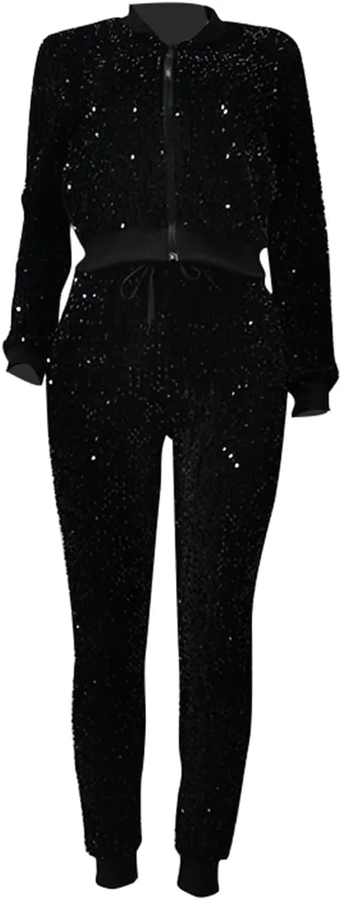 Chatinction Women's 2 Piece Outfits Sparkle Glitter Sequin Velour Zip Up Jacket and Elastic Waist Bodycon Pants Clubwear Set