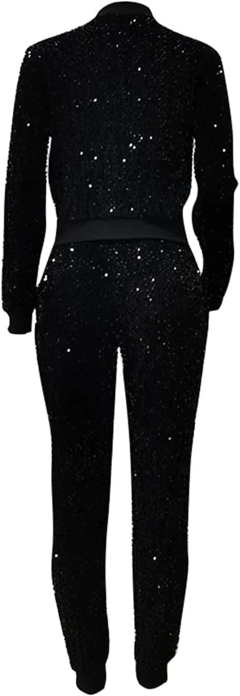 Chatinction Women's 2 Piece Outfits Sparkle Glitter Sequin Velour Zip Up Jacket and Elastic Waist Bodycon Pants Clubwear Set