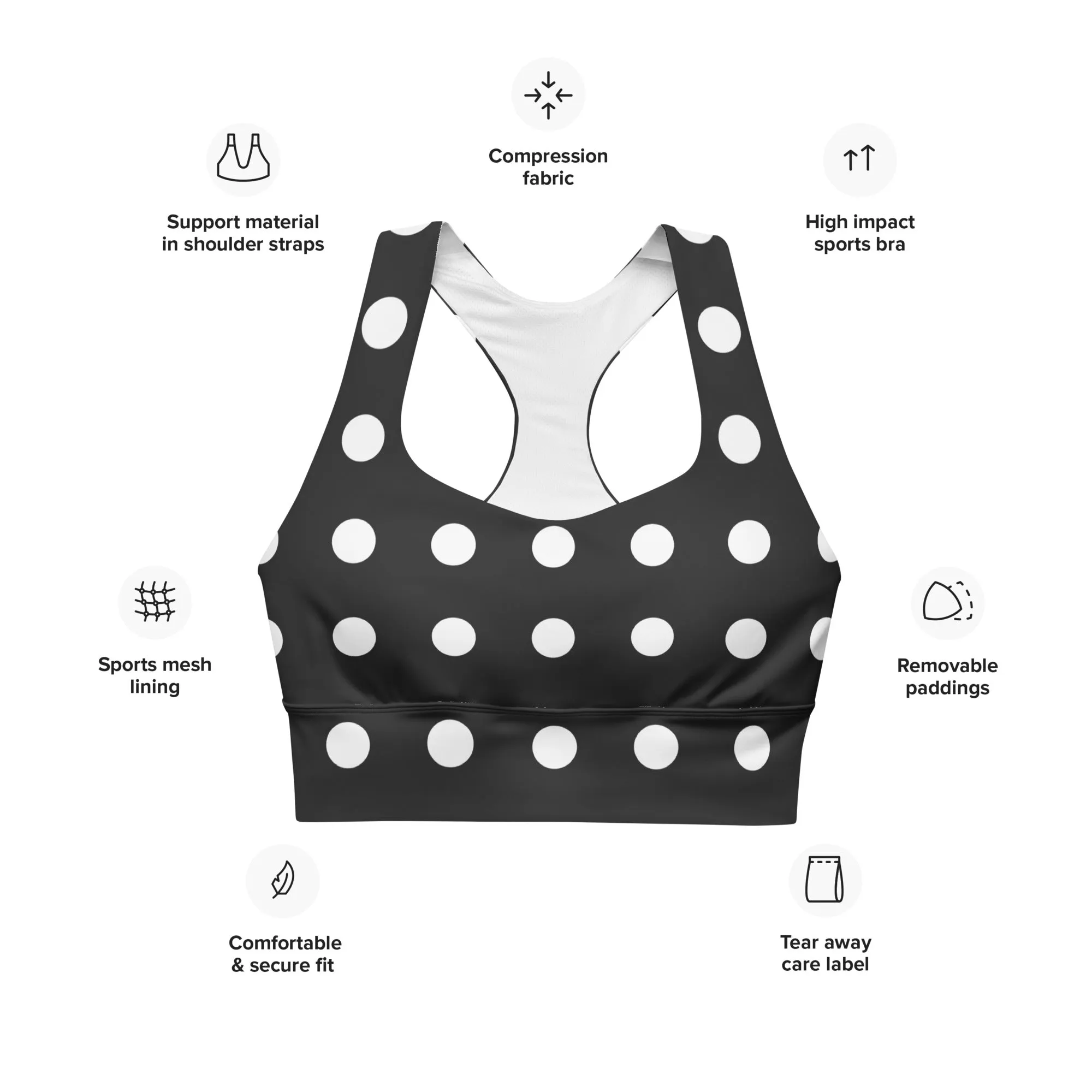 Classic Black and White Polka Dots Sports Bra Yoga Bra, lioness-love