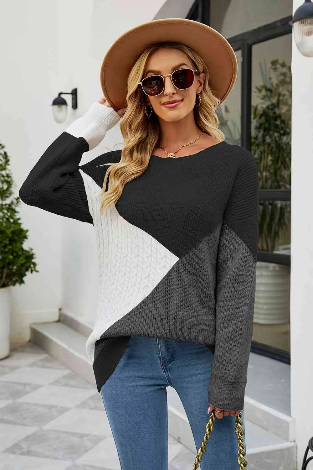 Color Block Round Neck Sweater mulitple colors