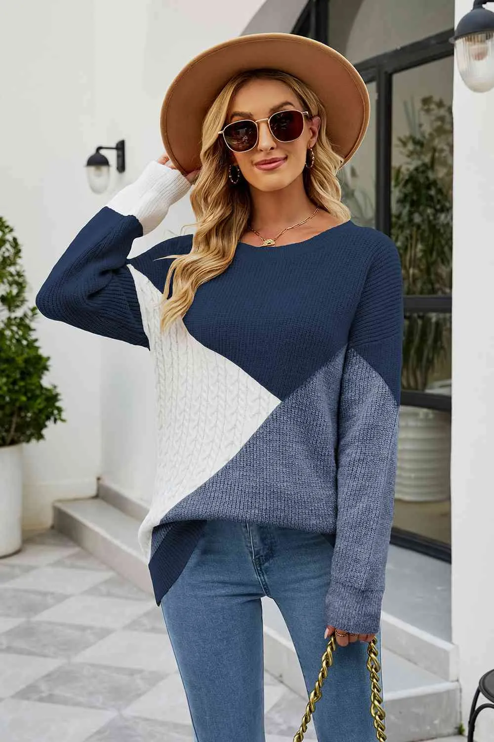 Color Block Round Neck Sweater mulitple colors