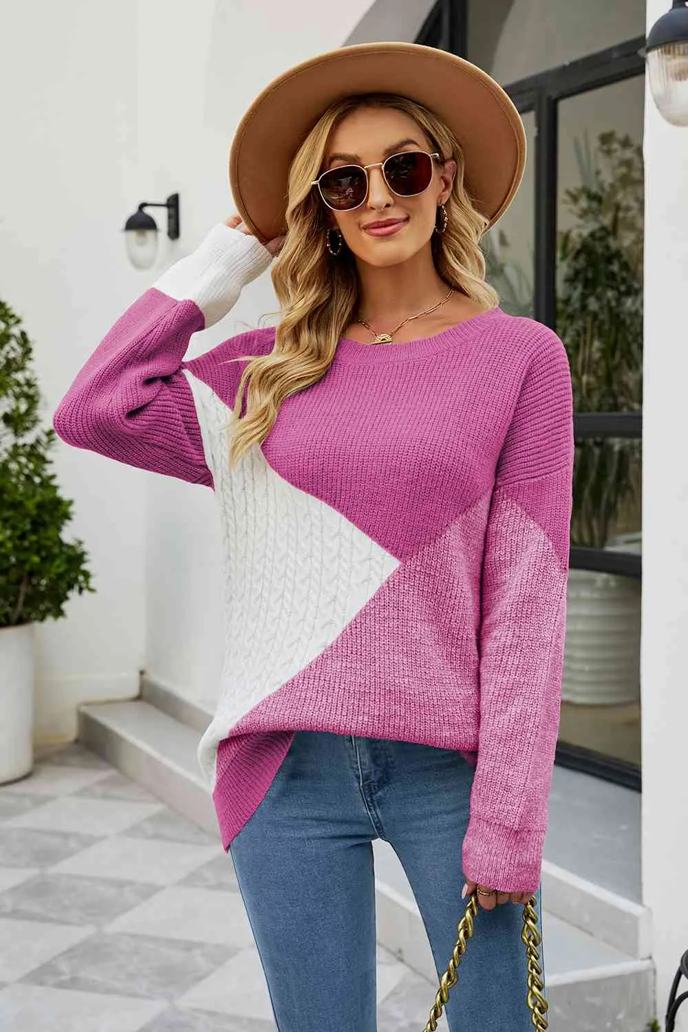 Color Block Round Neck Sweater mulitple colors