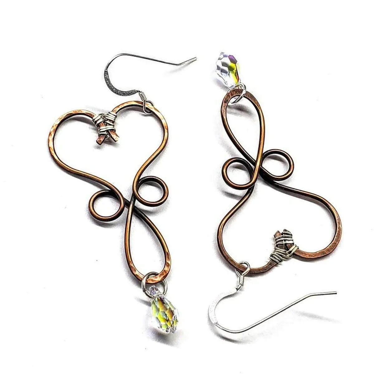 Copper Heart Crystal Teardrop Earrings - Handmade Montana Jewelry with Swarovski Crystals