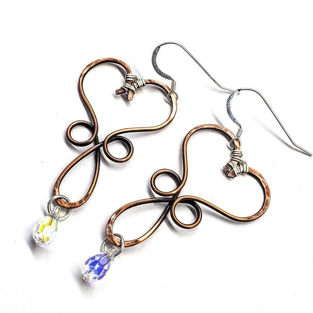 Copper Heart Crystal Teardrop Earrings - Handmade Montana Jewelry with Swarovski Crystals