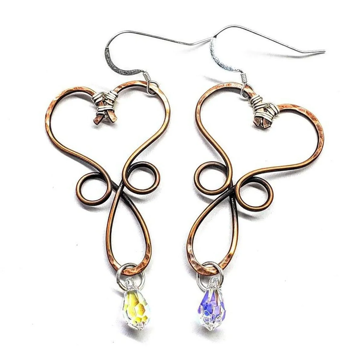 Copper Heart Crystal Teardrop Earrings - Handmade Montana Jewelry with Swarovski Crystals
