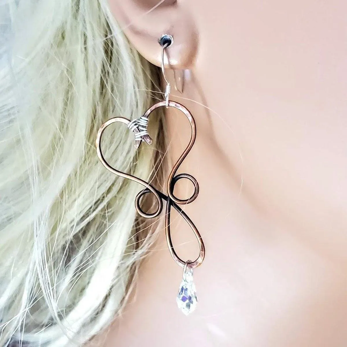 Copper Heart Crystal Teardrop Earrings - Handmade Montana Jewelry with Swarovski Crystals