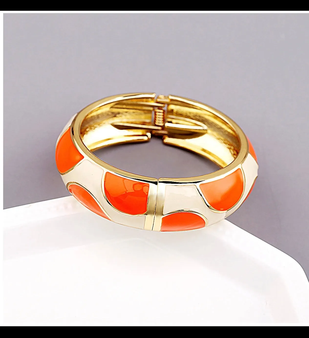 Double Colors Bracelet Orange Enamel and Pearls 2 Bangles Gold Plated Round Statement and Orange enamel Earrings