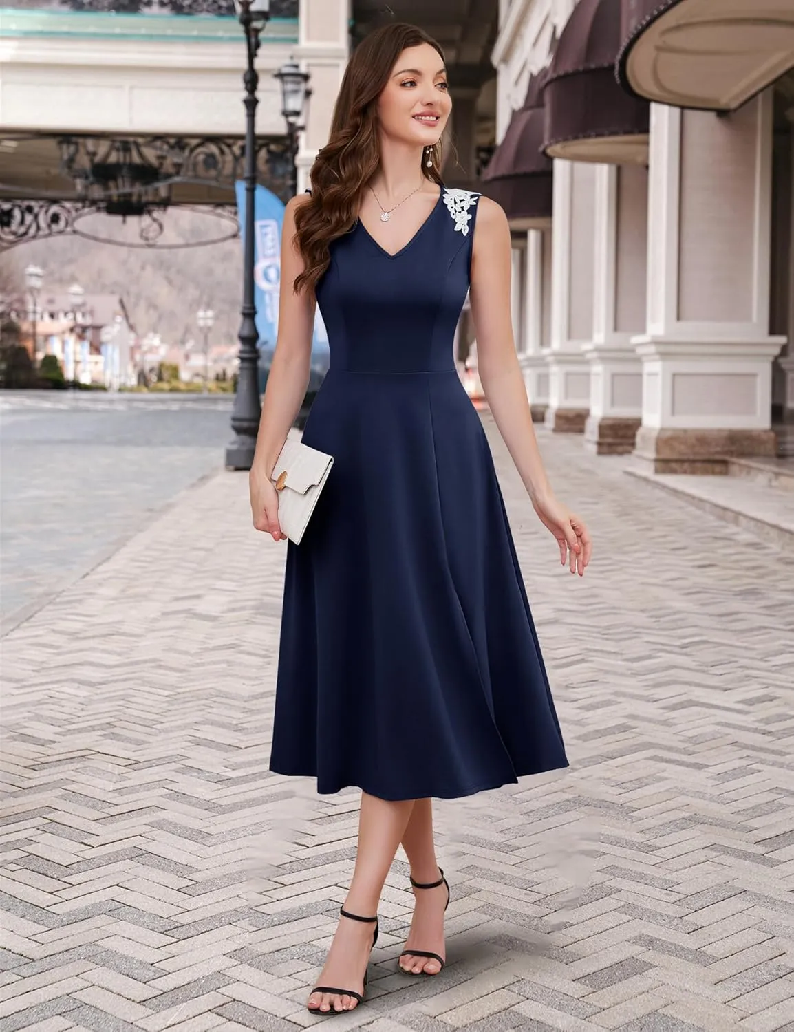 Dressystar Sleeveless Cocktail Party Dress with Pocket 2025 Women V Neck Slit Tea Length Casual Dresses Work Wedding Guest