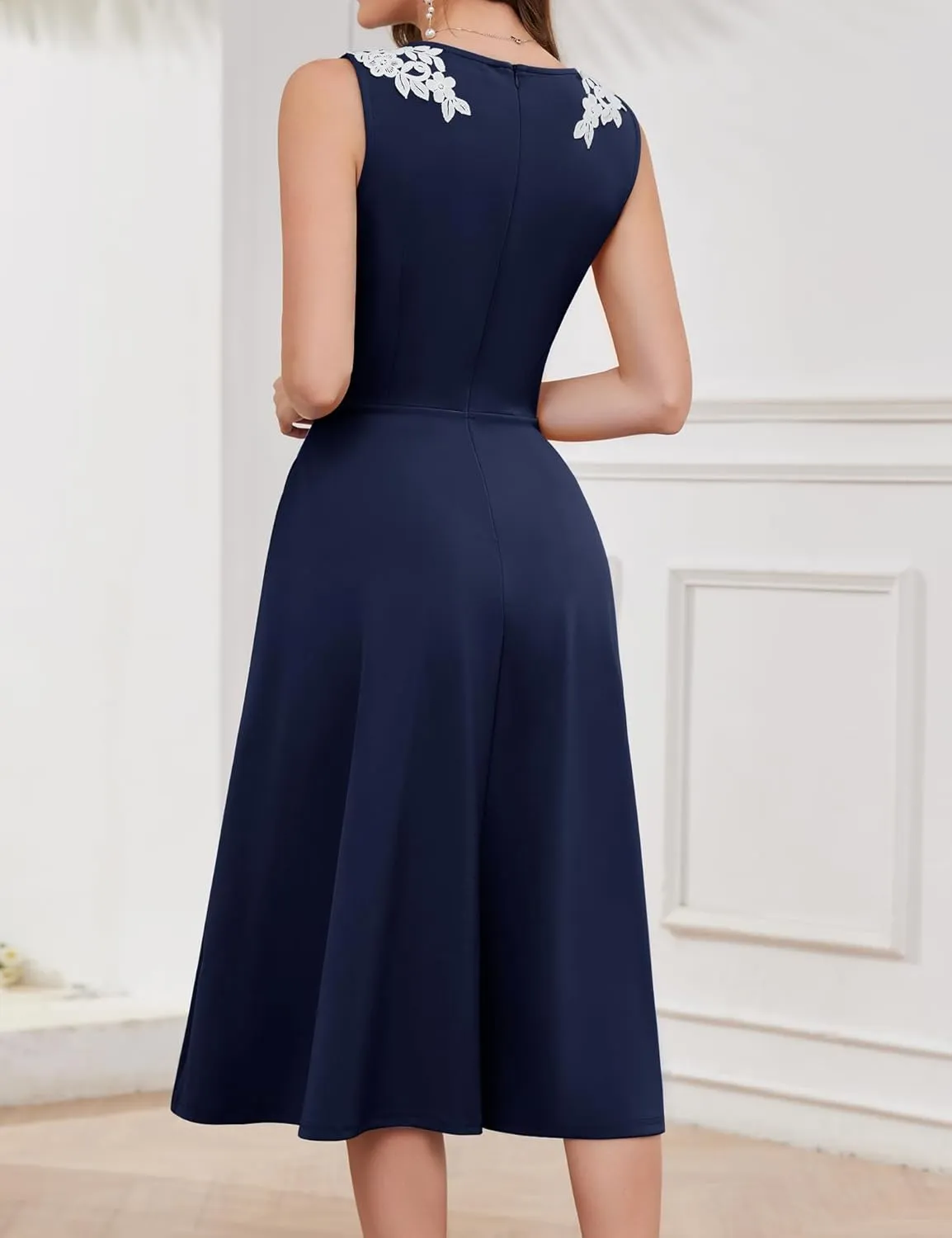Dressystar Sleeveless Cocktail Party Dress with Pocket 2025 Women V Neck Slit Tea Length Casual Dresses Work Wedding Guest