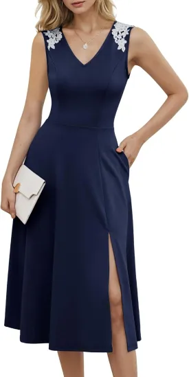 Dressystar Sleeveless Cocktail Party Dress with Pocket 2025 Women V Neck Slit Tea Length Casual Dresses Work Wedding Guest