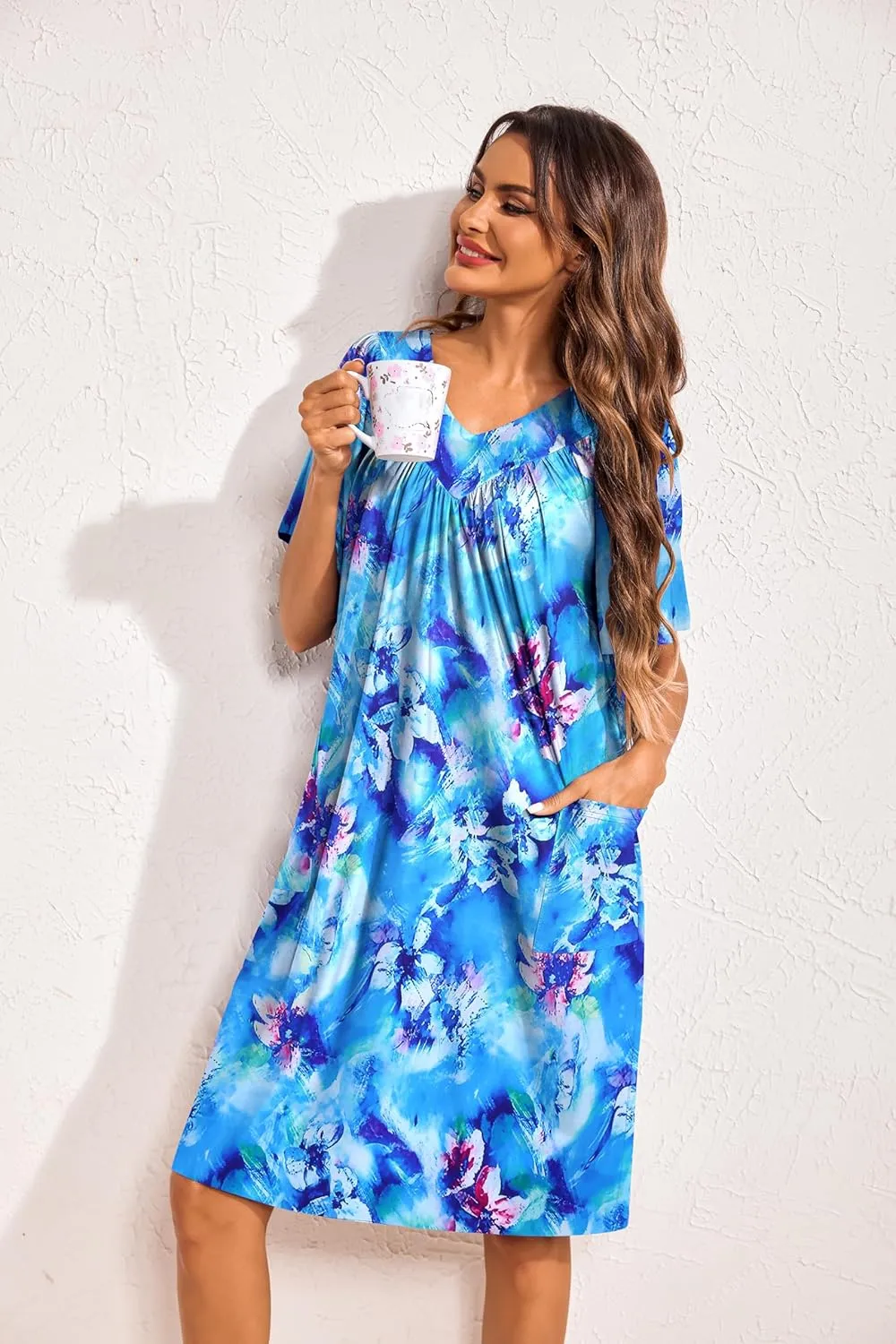 Ekouaer Womens House Dress Floral Print Nightgown with Pockets Mumu Dress