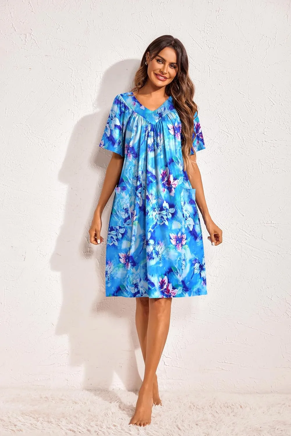 Ekouaer Womens House Dress Floral Print Nightgown with Pockets Mumu Dress