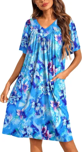 Ekouaer Womens House Dress Floral Print Nightgown with Pockets Mumu Dress
