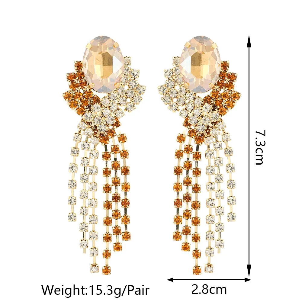 Elegant Vintage Geometric Crystal Glass Tassel Chain Long Dangle Earrings