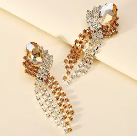 Elegant Vintage Geometric Crystal Glass Tassel Chain Long Dangle Earrings