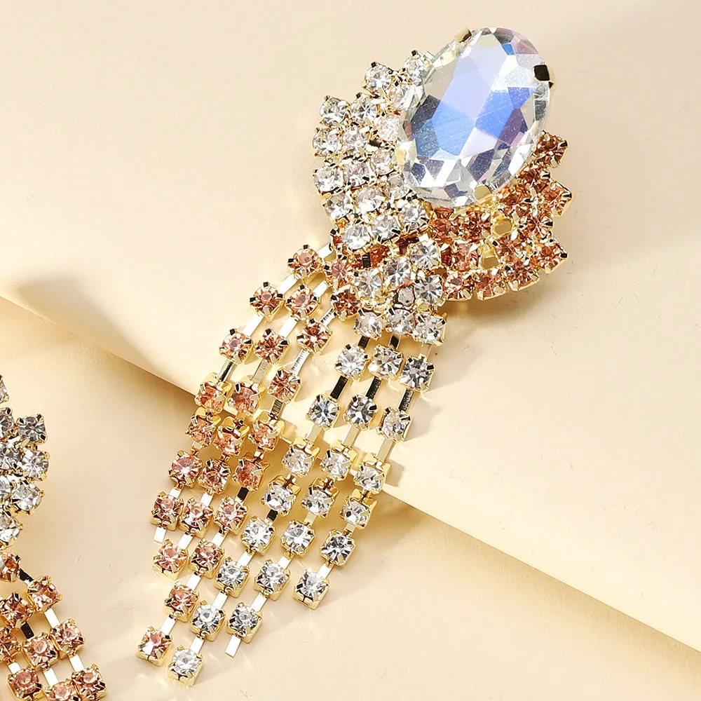Elegant Vintage Geometric Crystal Glass Tassel Chain Long Dangle Earrings